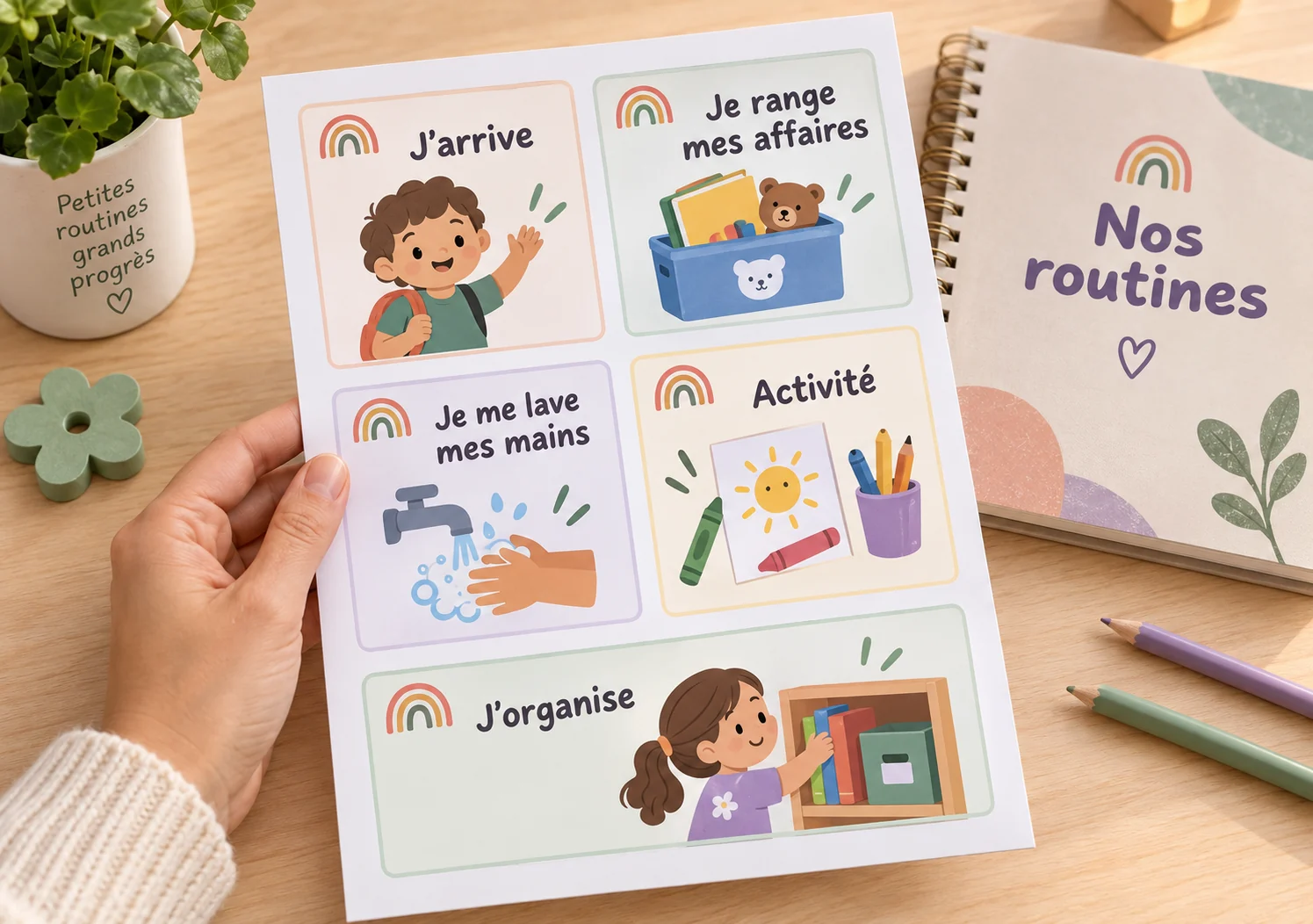 Fiche de routines visuelles de la classe tenue à la main