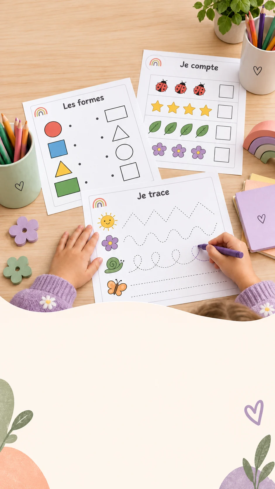Enfant qui trace sur des fiches d’activités posées sur une table, avec crayons de couleur et plante