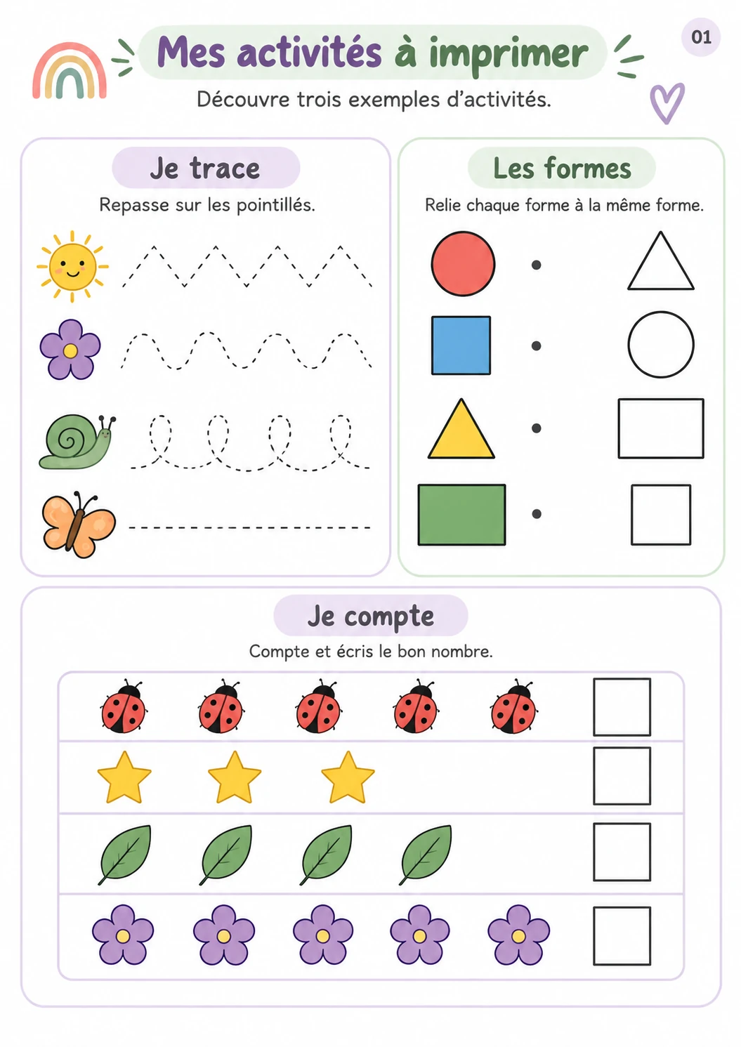 Vue d’ensemble des fiches d’activités à imprimer