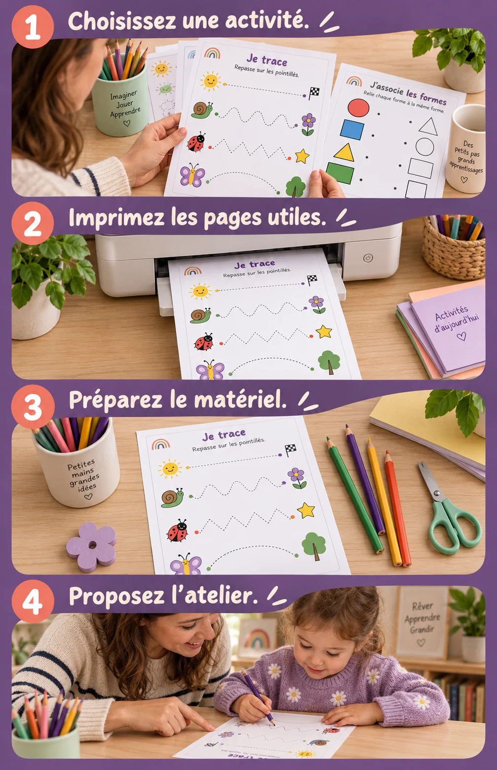 Quatre étapes illustrées : choisir une activité, imprimer les pages, préparer le matériel puis proposer l’atelier